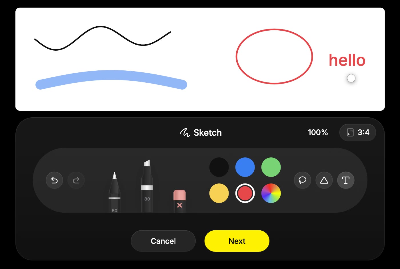 The Sketch drawing panel with pen, marker, shapes, colours, and text, using the existing Kira changelog illustration