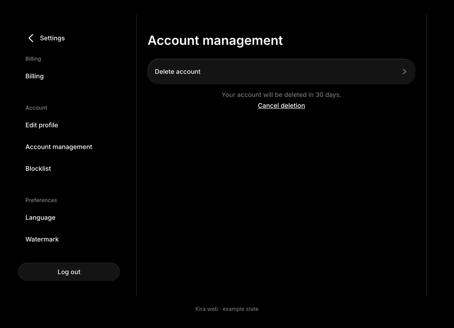 Account management controls show an example pending-deletion countdown and Cancel deletion