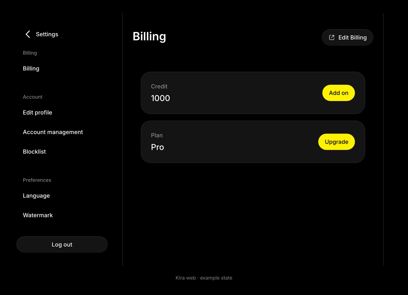 The actual Billing settings screen shows Edit Billing, the credit balance, and the current plan, using an example account state
