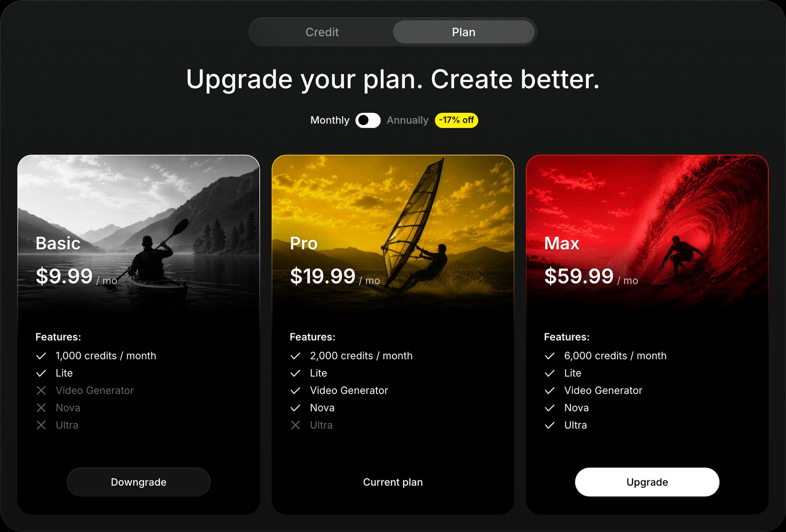 The actual Plan purchase screen shows Basic, Pro, and Max options, prices, features, and monthly billing