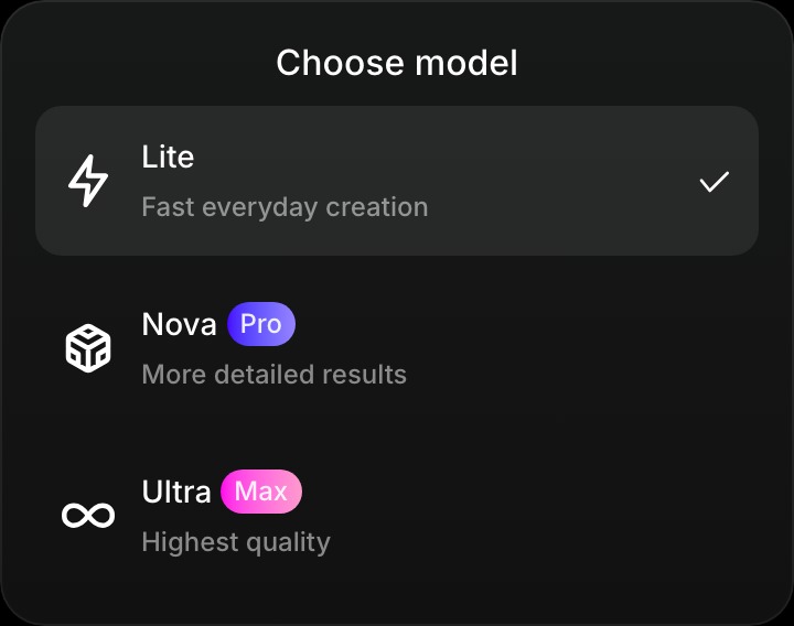 The actual model-selection menu lists Lite, Nova, and Ultra, with Pro and Max access labels