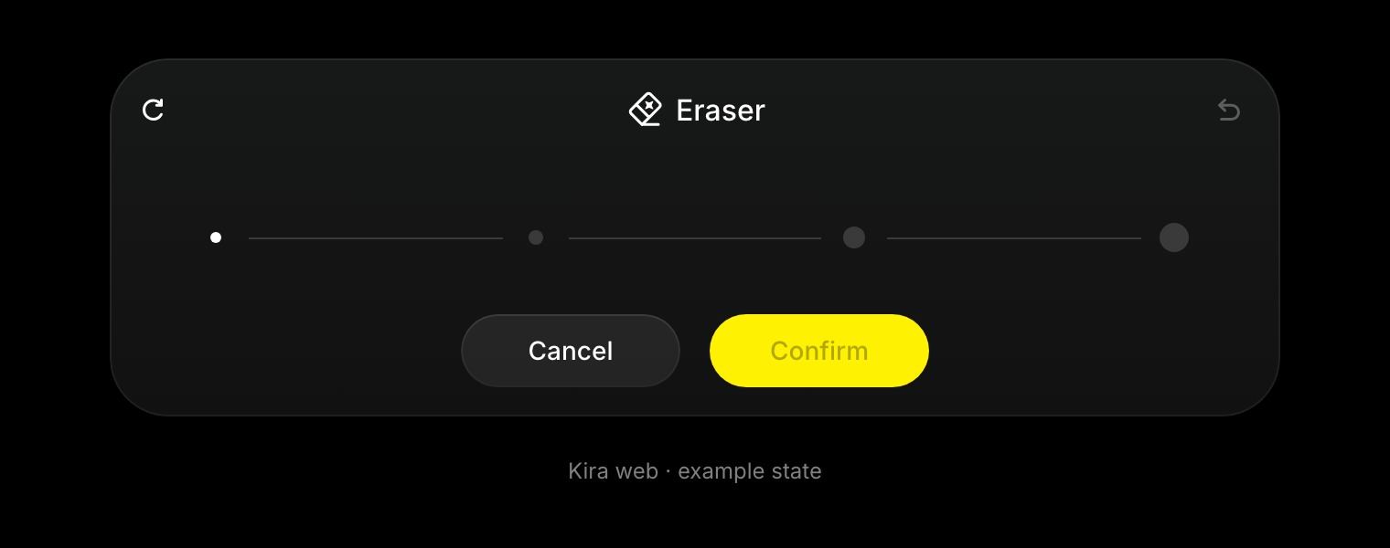 Eraser controls show four brush sizes, Reset, Undo, and the confirmation buttons