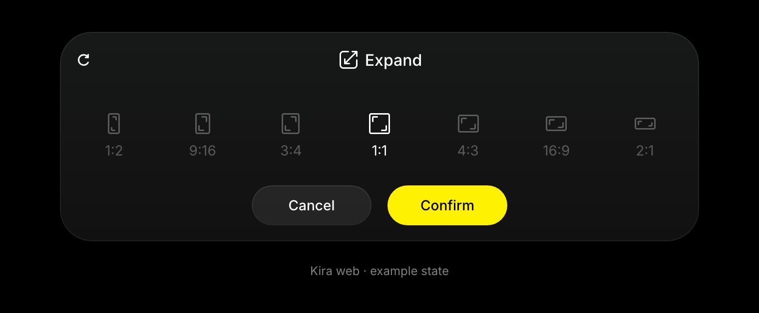 Expand controls show seven aspect-ratio choices and the Confirm button