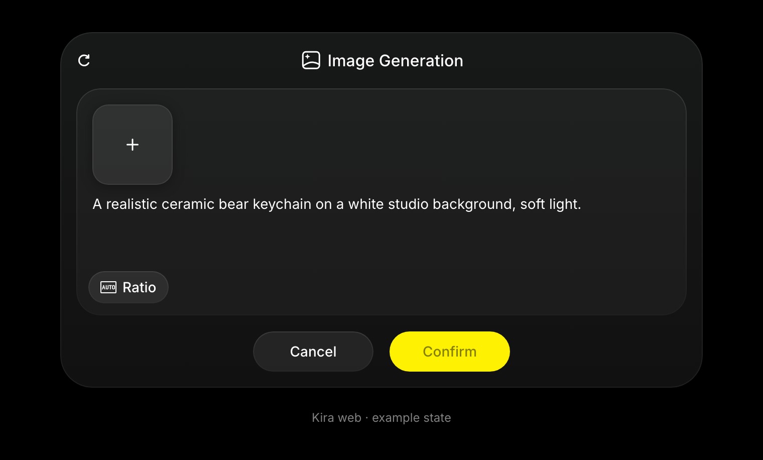 Image Generation controls show the reference upload, a prompt, aspect ratio, and Confirm button