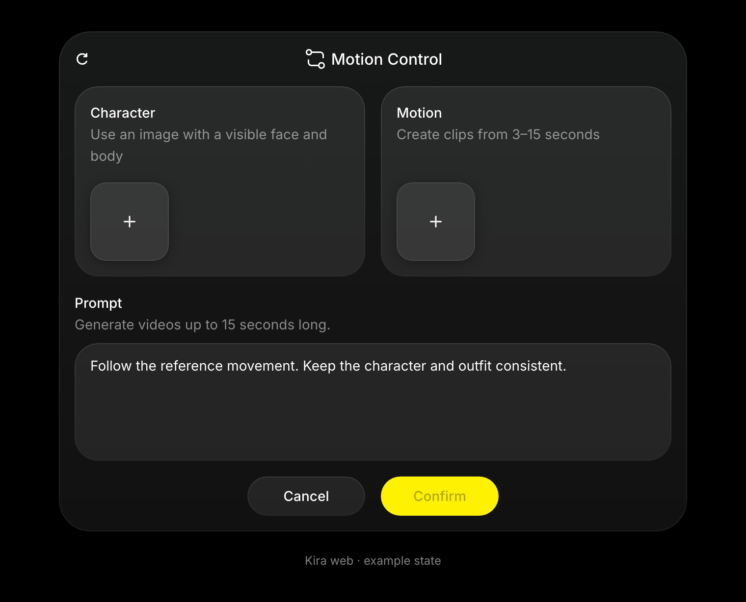 Motion Control controls show separate Character and Motion upload slots and the prompt field