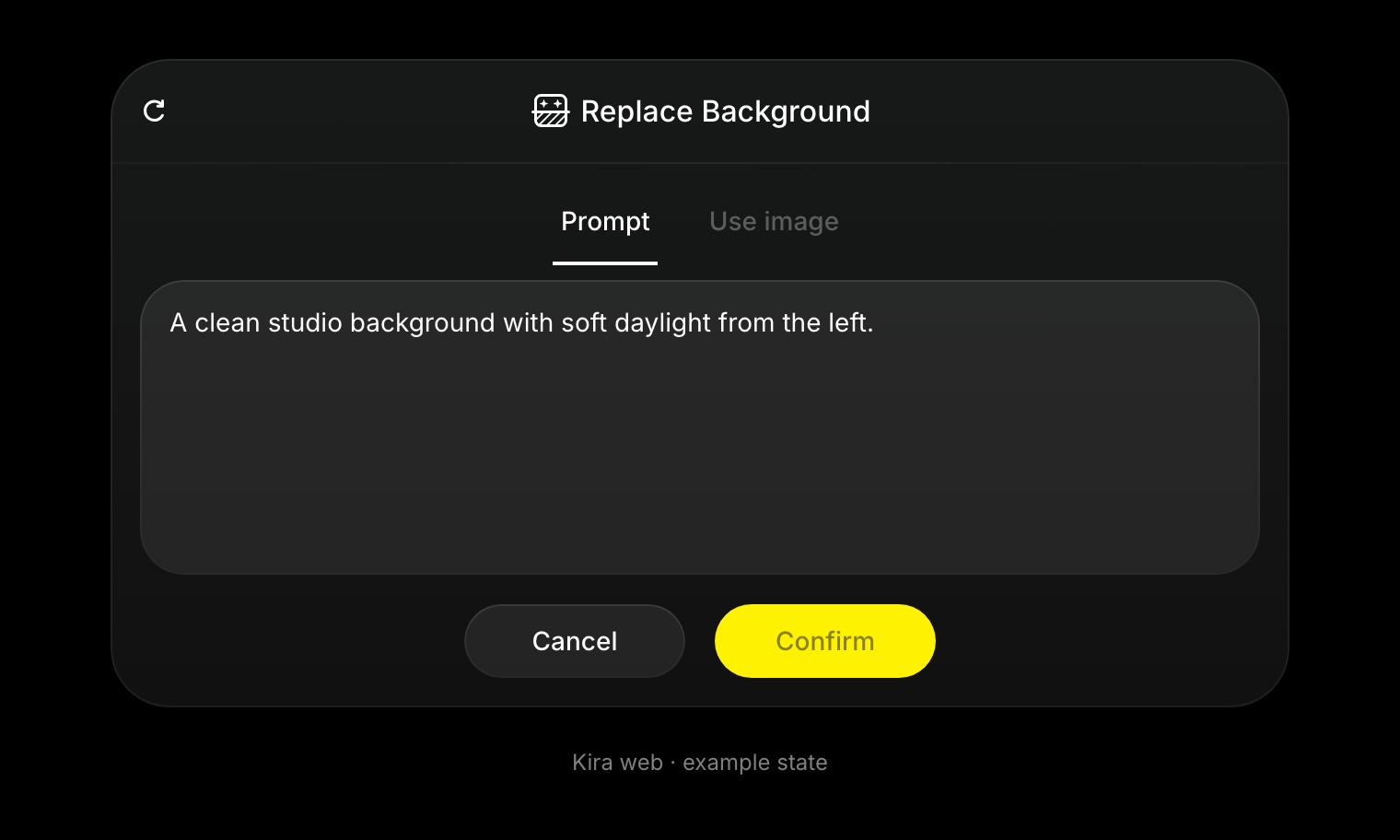 Replace Background controls show Prompt and Use image tabs, a background description, and Confirm