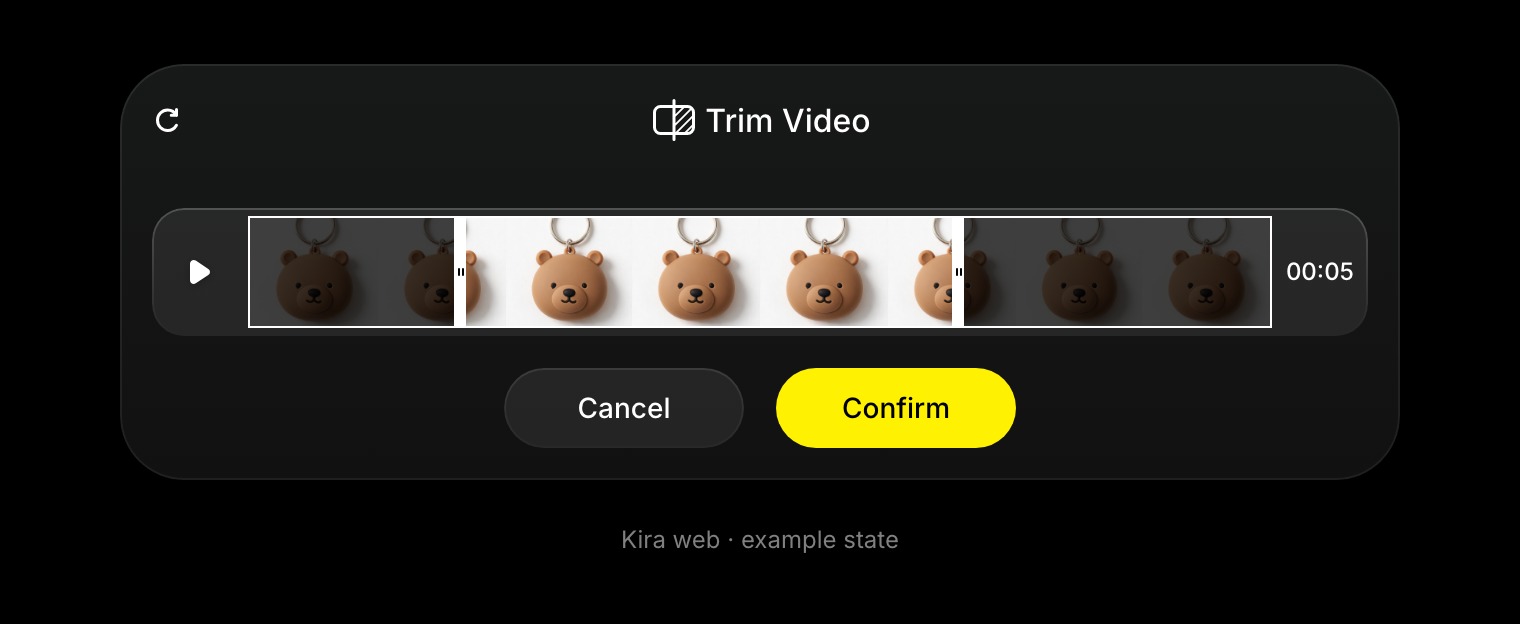 The actual Trim Video timeline shows a selected interval, start and end handles, and its duration