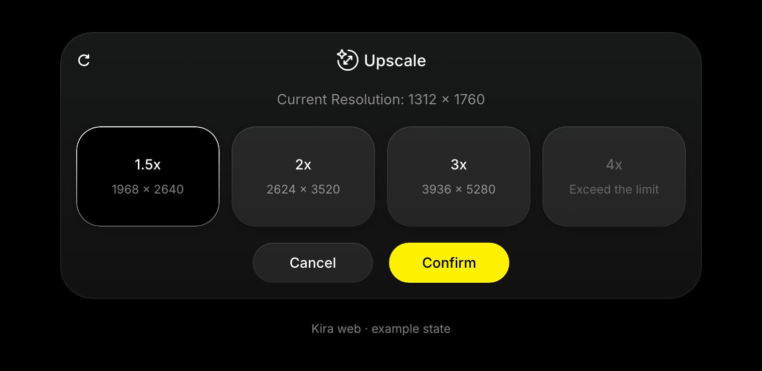 Upscale controls show the current resolution, four scale factors, output dimensions, and Confirm