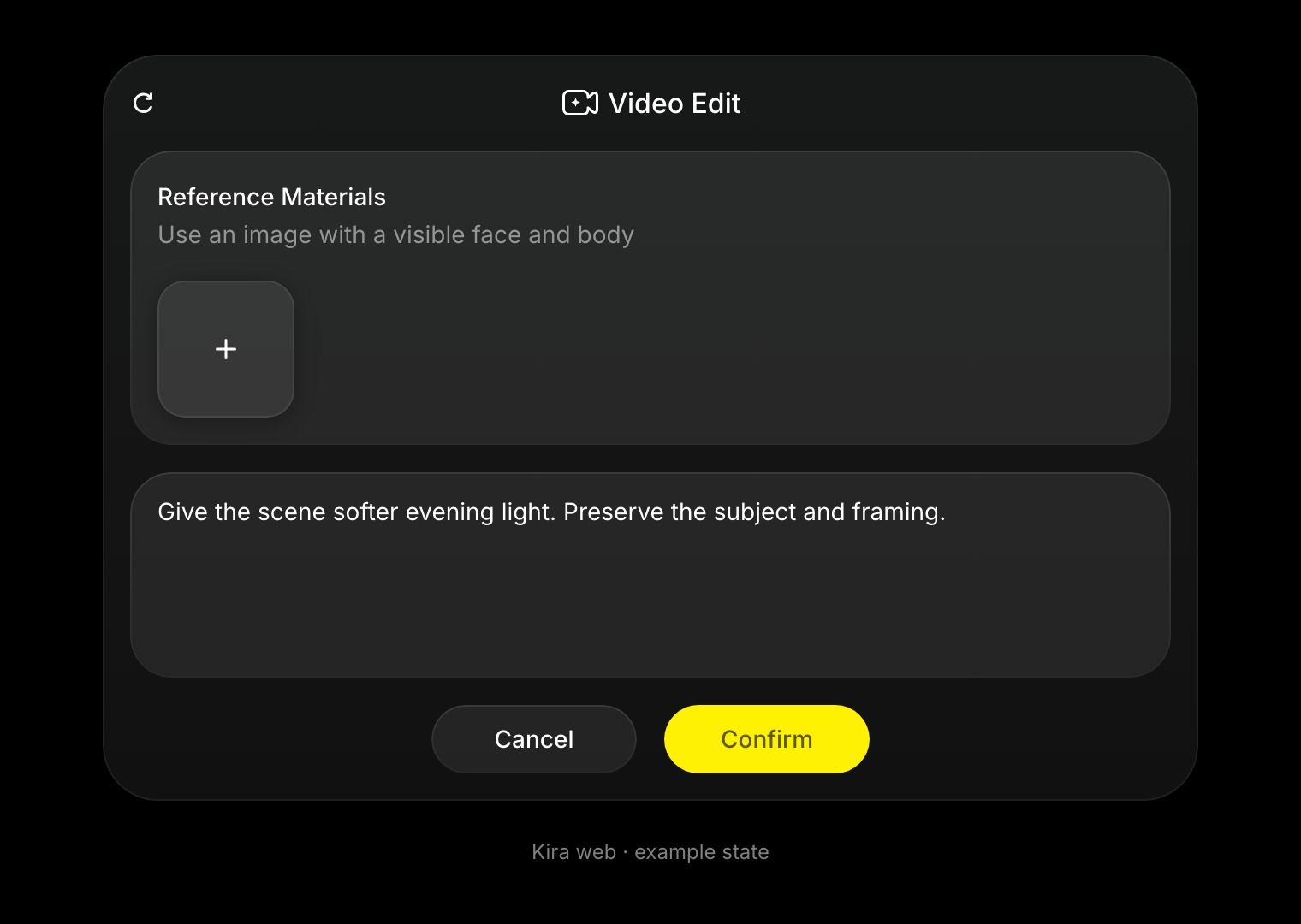 Video Edit controls show reference-image uploads, the edit prompt, and Confirm