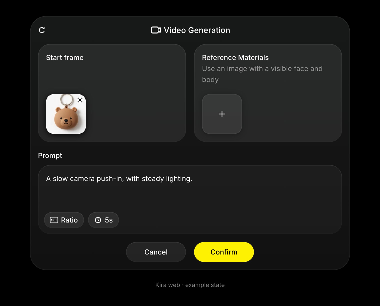 Video Generation controls show Start frame, Reference Materials, the prompt, ratio, and duration