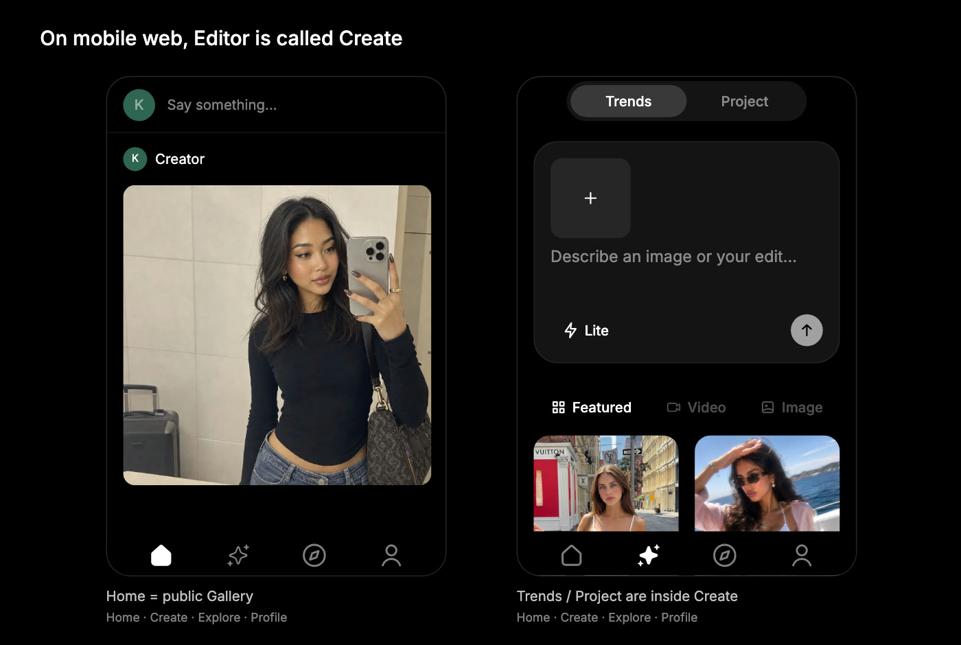 Two mobile web screens: Home as the community gallery, and Create with its Trends and Project tabs, with the four bottom icons in order