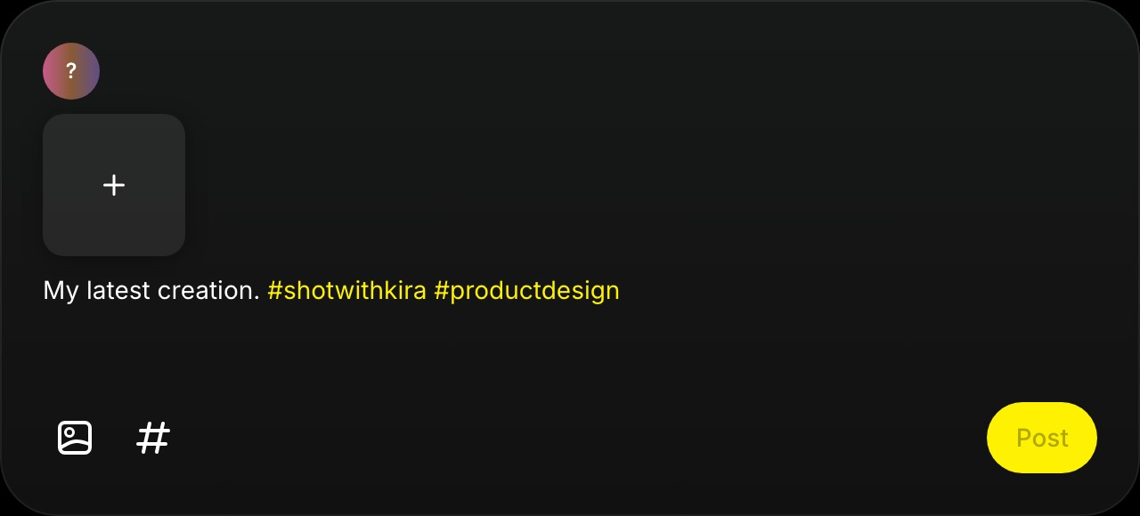 The actual post composer contains hashtags in the caption and has the hashtag control beside the media control